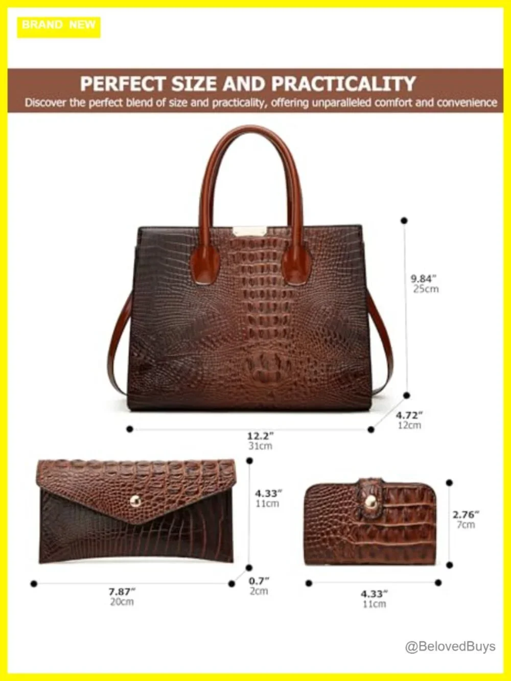 Luxury Crocodile Embossed 3pc Tote Handbag Set with Wallet